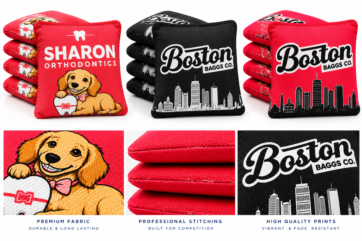 Examples of custom Boston Baggs cornhole bags on a clean white background