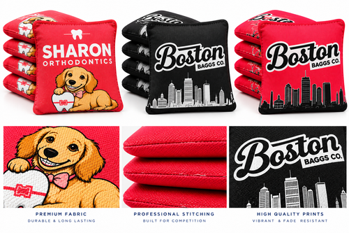 Examples of custom Boston Baggs cornhole bags on a clean white background